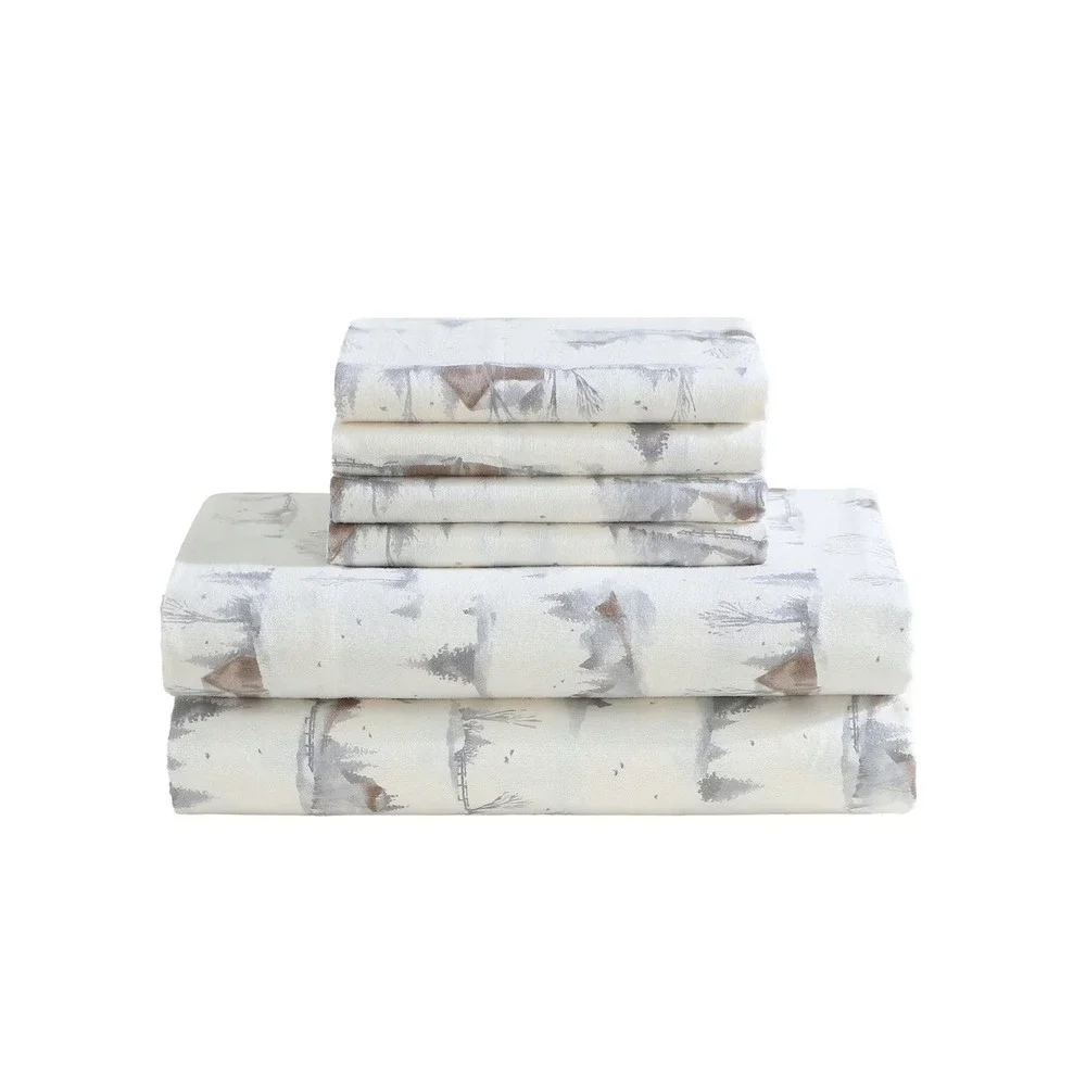 Lenox 6 Piece Flannel Sheet Set King Cottage Neutral 100% Cotton Winter Cabin